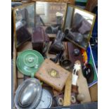 An oval plated caddy, boxes, a magnifier, a mincer etc
