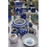 A Chinese blue and white jar and cover, 33cm, ginger jars, an Edwardian vase, a rabbit figure etc
