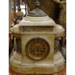 An alabaster-cased mantel clock with embossed brass panels, height 36cm