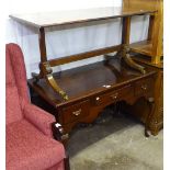 A mahogany knee-hole writing desk on cabriole legs, W107cm, and a walnut coffee table, W107cm