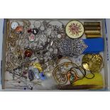 A tray of Vintage costume jewellery, silver rings, bracelets, nurse's buckle, a lady's evening bag