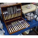 A Victorian silver plated fish service for 12 people, with ivory handles, in fitted oak case, and