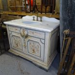 An Italian marble-top sink on painted 2-door cupboard base, with brass fittings, W110cm, H80cm