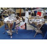 2 silver plated spirit kettles on stands with burners