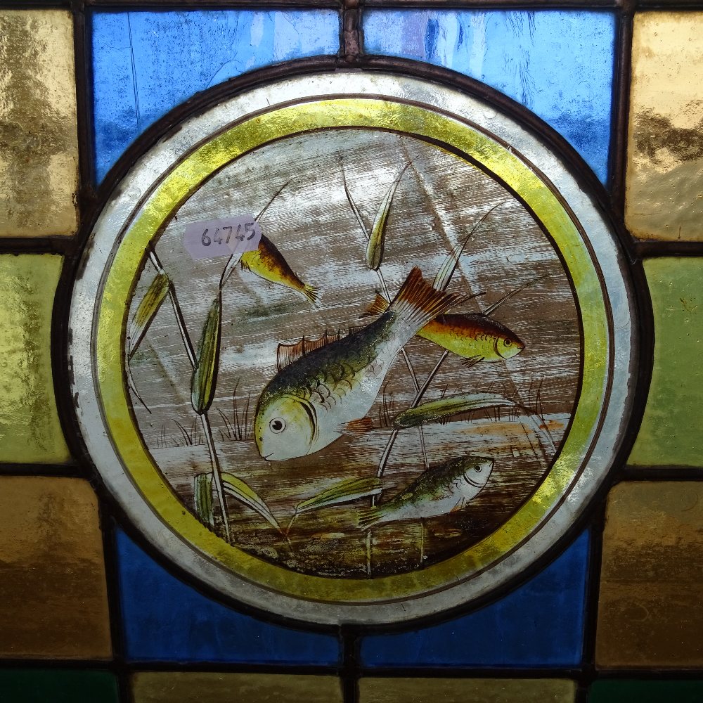 A Victorian brass and stained glass firescreen, with inset leadlight panels depicting birds and - Image 6 of 9