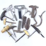 A collection of Vintage corkscrews, including a bone-handled Henshaw corkscrew, and another with