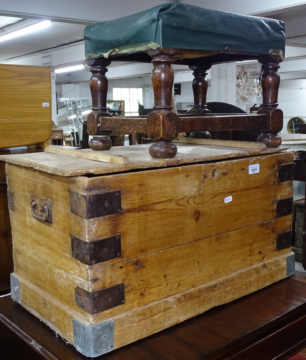 A small Antique pine box, W64cm, and an oak stool