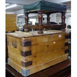 A small Antique pine box, W64cm, and an oak stool