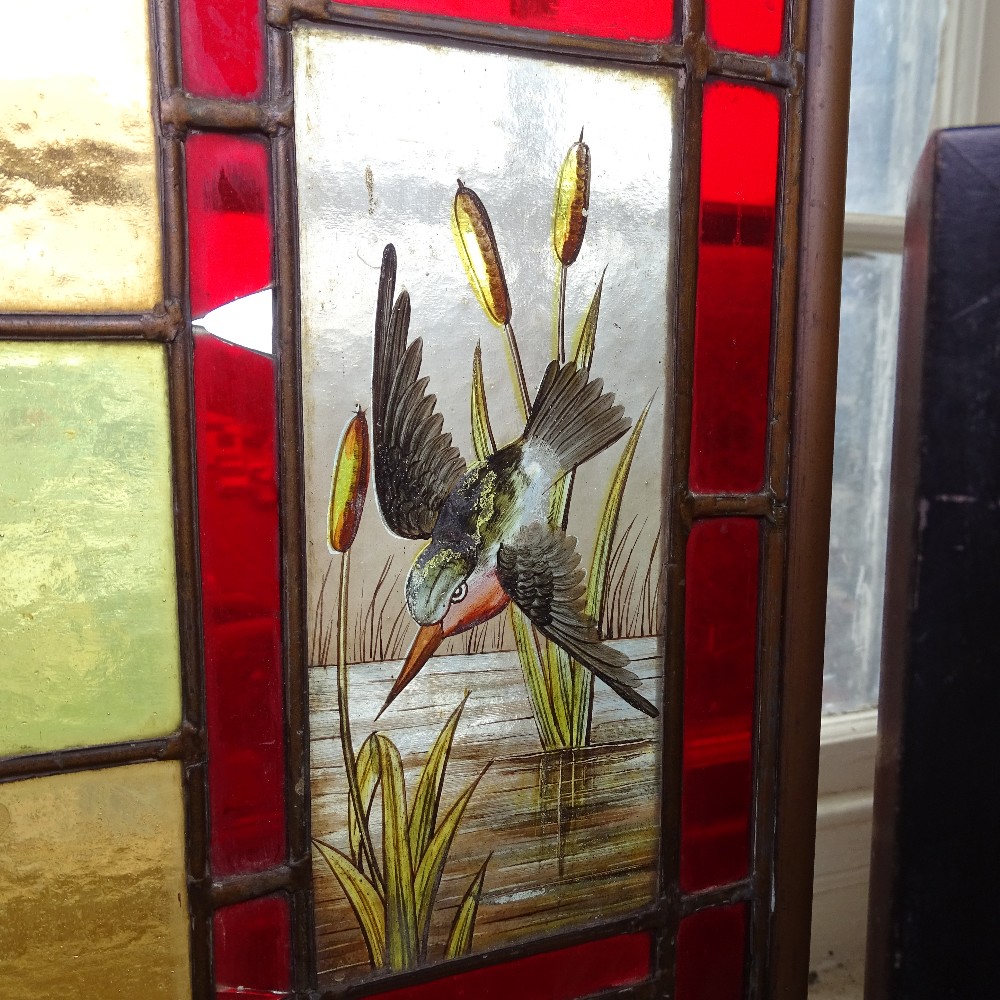 A Victorian brass and stained glass firescreen, with inset leadlight panels depicting birds and - Image 4 of 9