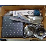 A silver plated purse, cutlery etc