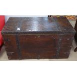 A 19th century stained pine and steel-bound trunk, W102cm, H56cm