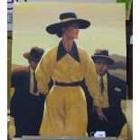 Modern oil on board, lady wearing yellow, unsigned, 23.5" x 20", unframed