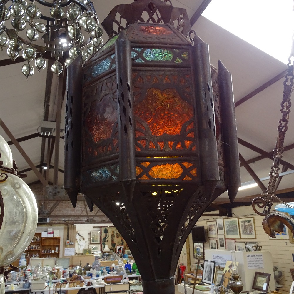 A Moroccan style metal lantern with coloured glass panels, height 60cm approx - Image 2 of 2