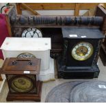 An alabaster mantel clock, height 21.5cm, a slate clock, a wall clock, and another (4)