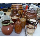 A Royal Doulton Harvest jug, 26cm, a barrell, an earthenware pot and cover etc