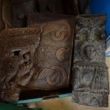 A carved wood panel depicting mythical beasts, 38cm, an early carved wood mount, another etc