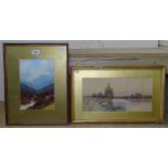 F G Fraser, watercolour, Holywell, Hunts, signed, 7" x 15", framed, together with C Trevor,