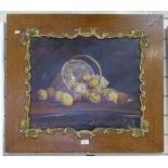 H Raymond, oil on canvas, still life, peaches and basket, 20" x 24", framed