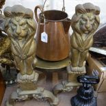 Brass lion andirons, painted doorstops, a copper jug etc