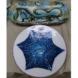 A Studio pottery dish with stylised horse decoration, 35cm, and an enamelled metal dish