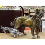 A Jaguar car mascot with serial number to base, length 19cm, and a brass hunting dog