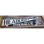 A Vintage American enamel advertising sign for "Headlight Union Made Overalls", length 89cm