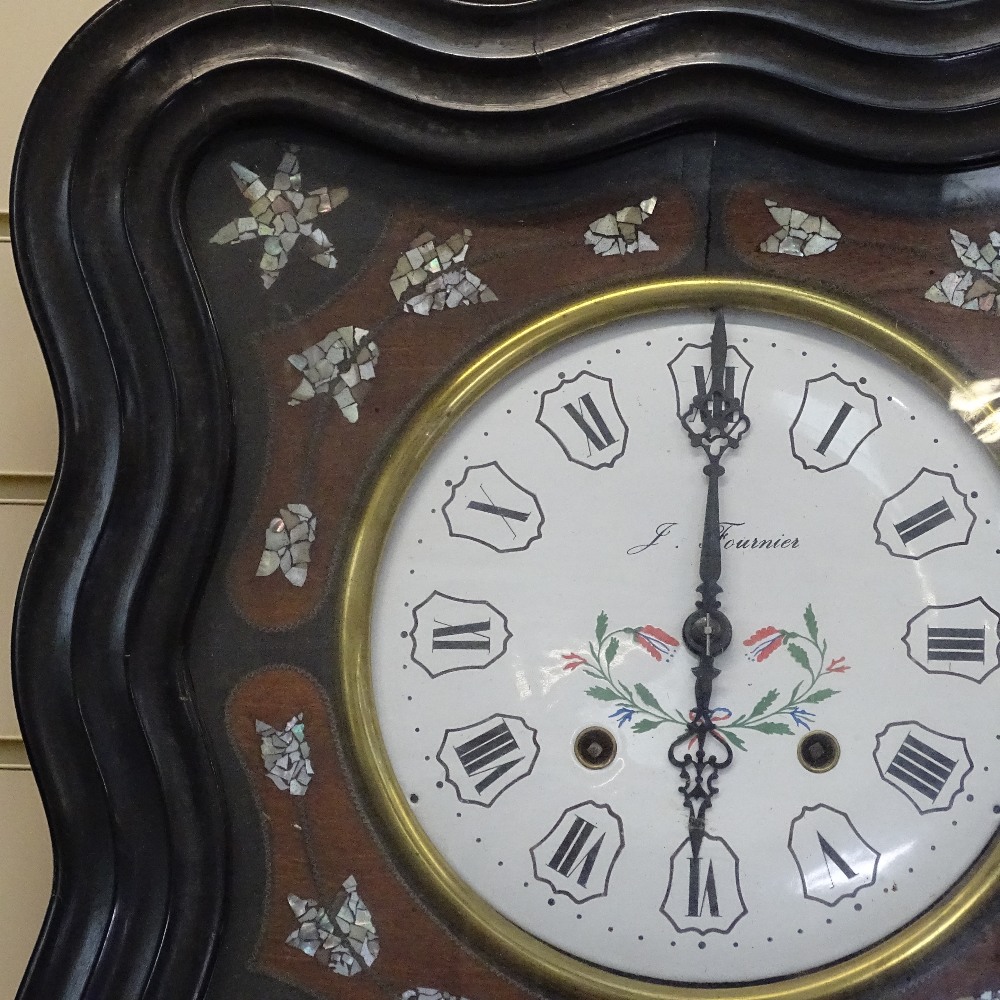 A French 2-train wall clock in ebonised frame, with inlaid mother-of-pearl decoration, by J - Image 2 of 2