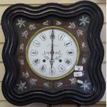 A French 2-train wall clock in ebonised frame, with inlaid mother-of-pearl decoration, by J