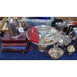 A silver plated 3-piece teaset, a hot water jug, a comport, cased cutlery etc