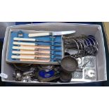 A box of silver plated cutlery, cased knives, a toast rack etc