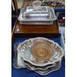 2 silver plated tureens and covers, serving trays, mixed cutlery etc