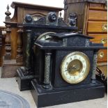 A slate-cased mantel clock, an oak mantel clock with 2-train movement, height 38cm, and another (3)