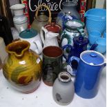 Studio pottery jugs, tea kettle etc