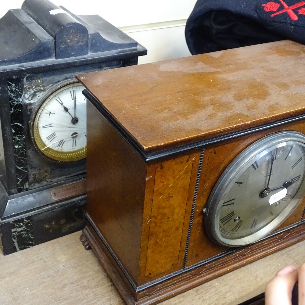 A walnut mantel clock by Edward of Glasgow, length 32.5cm, a slate clock, and a 3-train mantel clock - Image 2 of 2