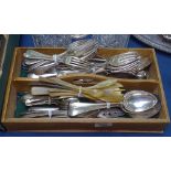 A housemaid's tray with Old English pattern spoons and forks, horn-handled spoons etc