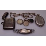 A silver Vesta case, a lady's silver-cased wristwatch, a silver Albert with coin and blood seal fob