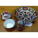 A Royal Crown Derby dish, a miniature Derby jug and bowl, and a similar cup and saucer