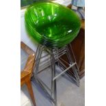 6 Promise bar stools, with green plastic seats on chrome sled legs (for reassembly)