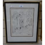 T C Knowles, pen and ink sketch, San Mario, signed and dated, 12" x 9", framed