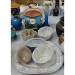 A Majolica pot, Antique jelly moulds, an Oriental vase, 38cm etc