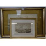W Adams, watercolour, ships on rough seas, signed, 10" x 17.5", framed, together with a monochrome