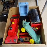 A Vintage painted wood toy train with carriages etc
