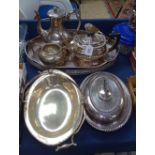 An oval 2-handled galleried tea tray, plated tea and coffeeware, swing-handled basket etc