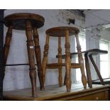 2 pine stools, and a rustic pine bench of small size