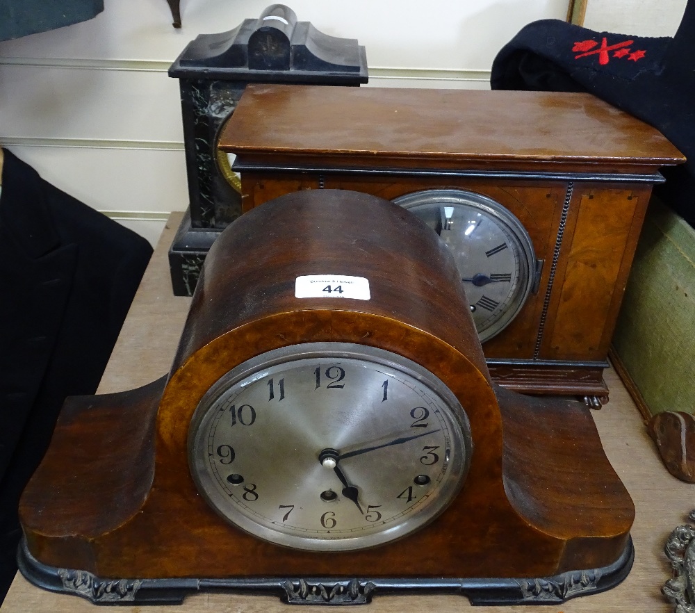 A walnut mantel clock by Edward of Glasgow, length 32.5cm, a slate clock, and a 3-train mantel clock