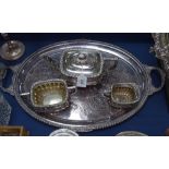 A silver plated 2-handled oval tea tray, and a 3-piece teaset of half-fluted form