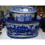 A reproduction blue and white foot bath, and similar slop bucket