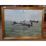 A Potter, oil on board, Lancaster bombers on a mission, signed, 11.5" x 15.5", framed