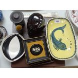 Framed miniature plaques, a glazed Studio pottery head, height 12cm etc