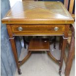 An Edwardian mahogany and satinwood-banded envelope card table, with single drawer, on square